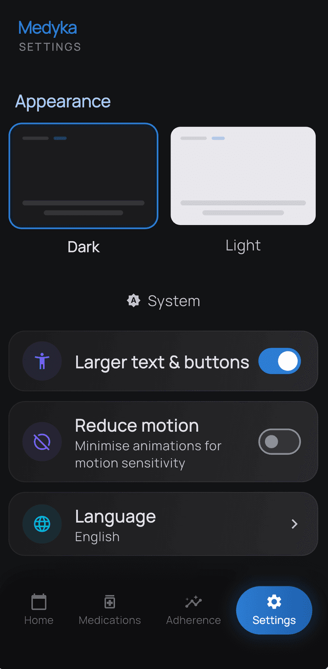 Medyka settings with elderly mode toggle